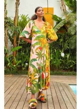 NWT Farm Rio Mixed Prints Wrap Dress V-Neck Tropical Dress MEDIUM Fruit Birds